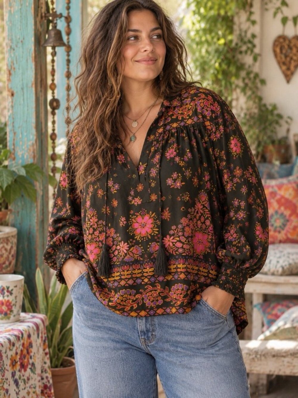 Natural Life Dara Top XL Blooming Bandana Floral Charcoal Boho Peasant Blouse